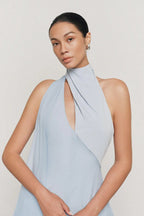 Flowering Girl Women Yen Layered High Neck Floss Silk maxi Dress in blue