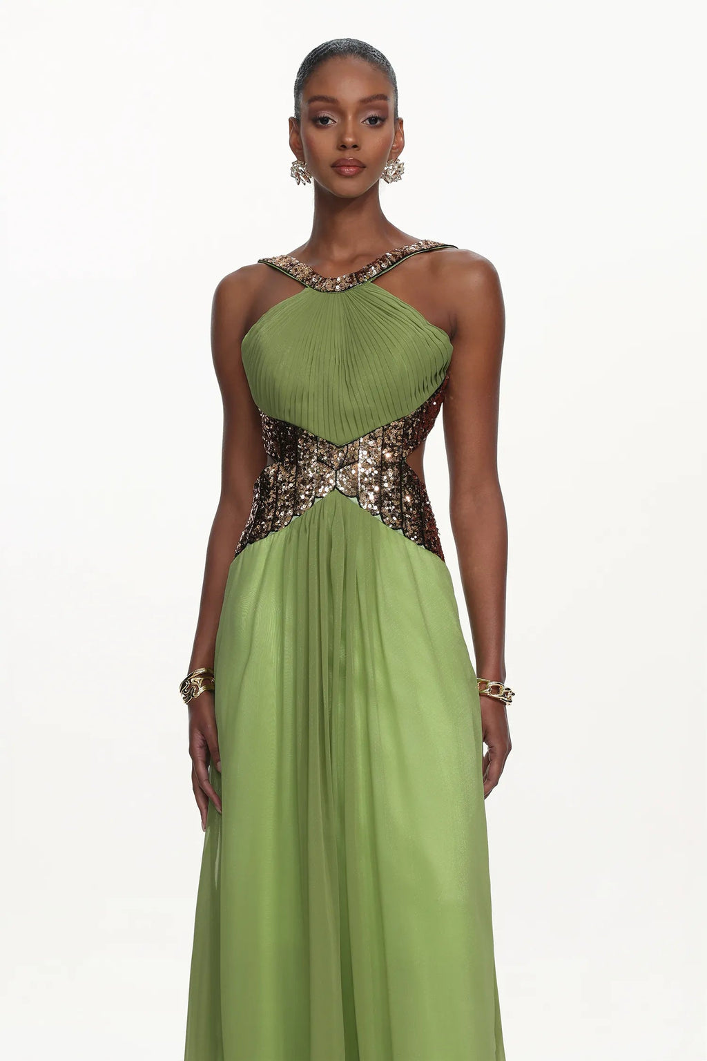 virginia green Halter Pleated Cut Out Sequin Maxi Dress