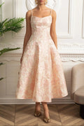 lauren Jacquard Midi Dress with Floral Motif - Blush Pink