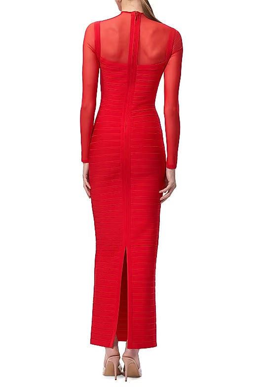 Tina Red Long-Sleeve Mesh See-Through Bandage Maxi Dress
