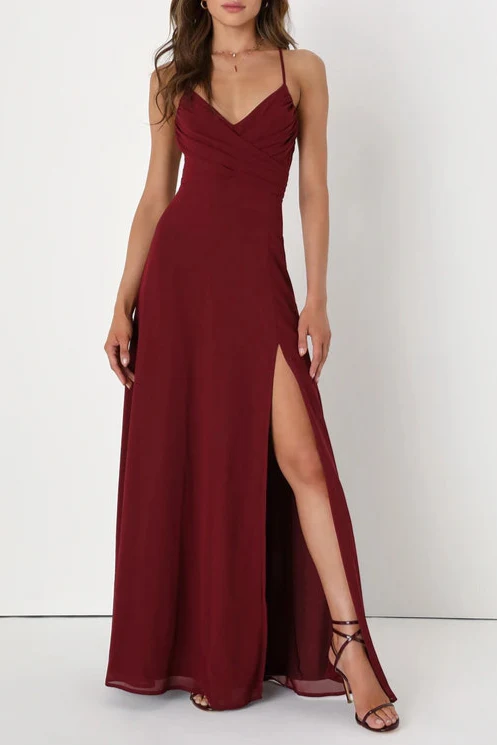 Flowering Girl Women Event Ready Burgundy Backless Lace-Up Maxi Dress