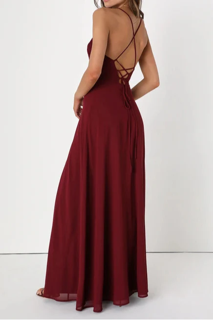 Flowering Girl Women Event Ready Burgundy Backless Lace-Up Maxi Dress