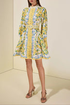 Lemon Floral Single-Breasted Midi Dress With Belt - yellow