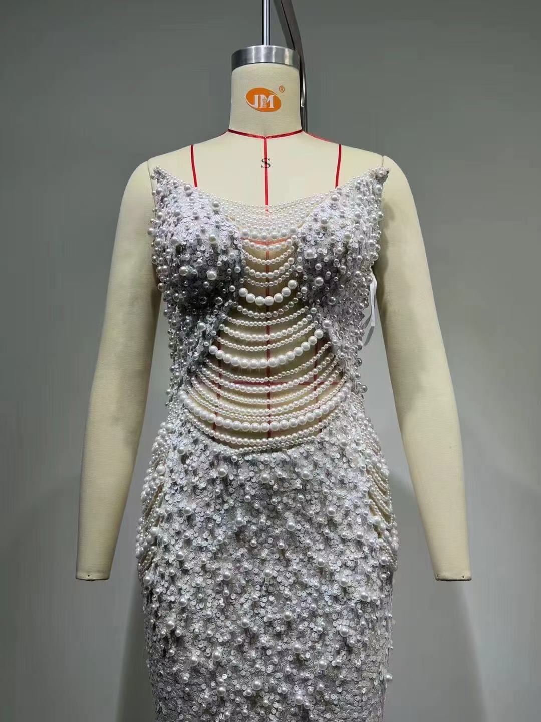Iseult White Faux Pearl Mesh Maxi Gown
