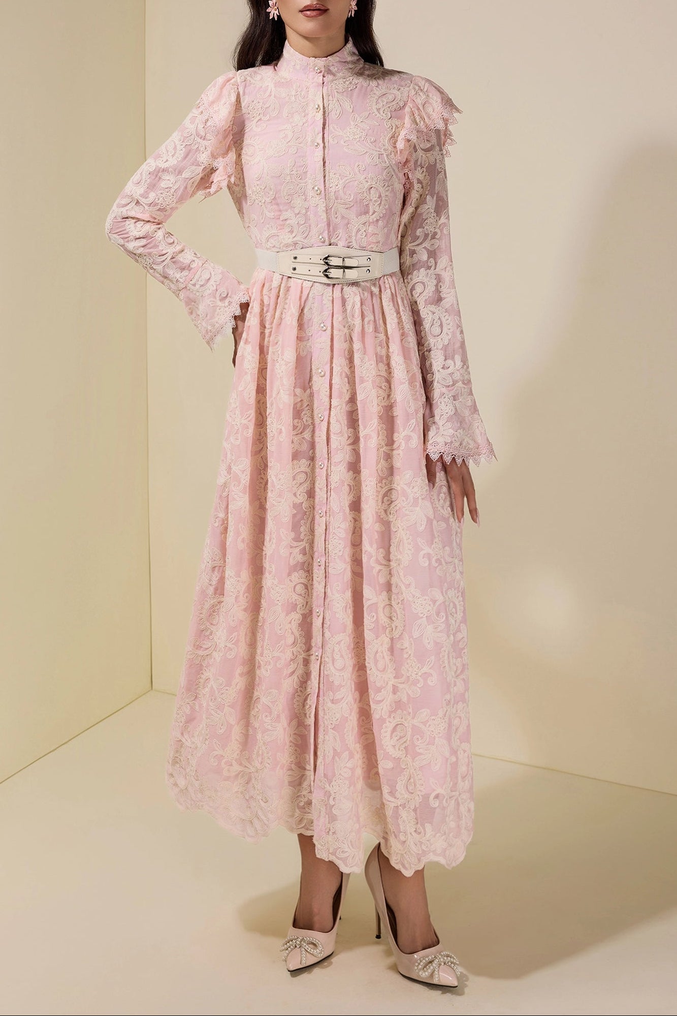 Flowering Girl Women Alma Chiffon Embroidered Single Breasted Midi Dress With Belt - Pink