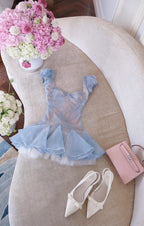 Flowering Girl Women Lace Embroidery Puffy Mini Dress In Blue