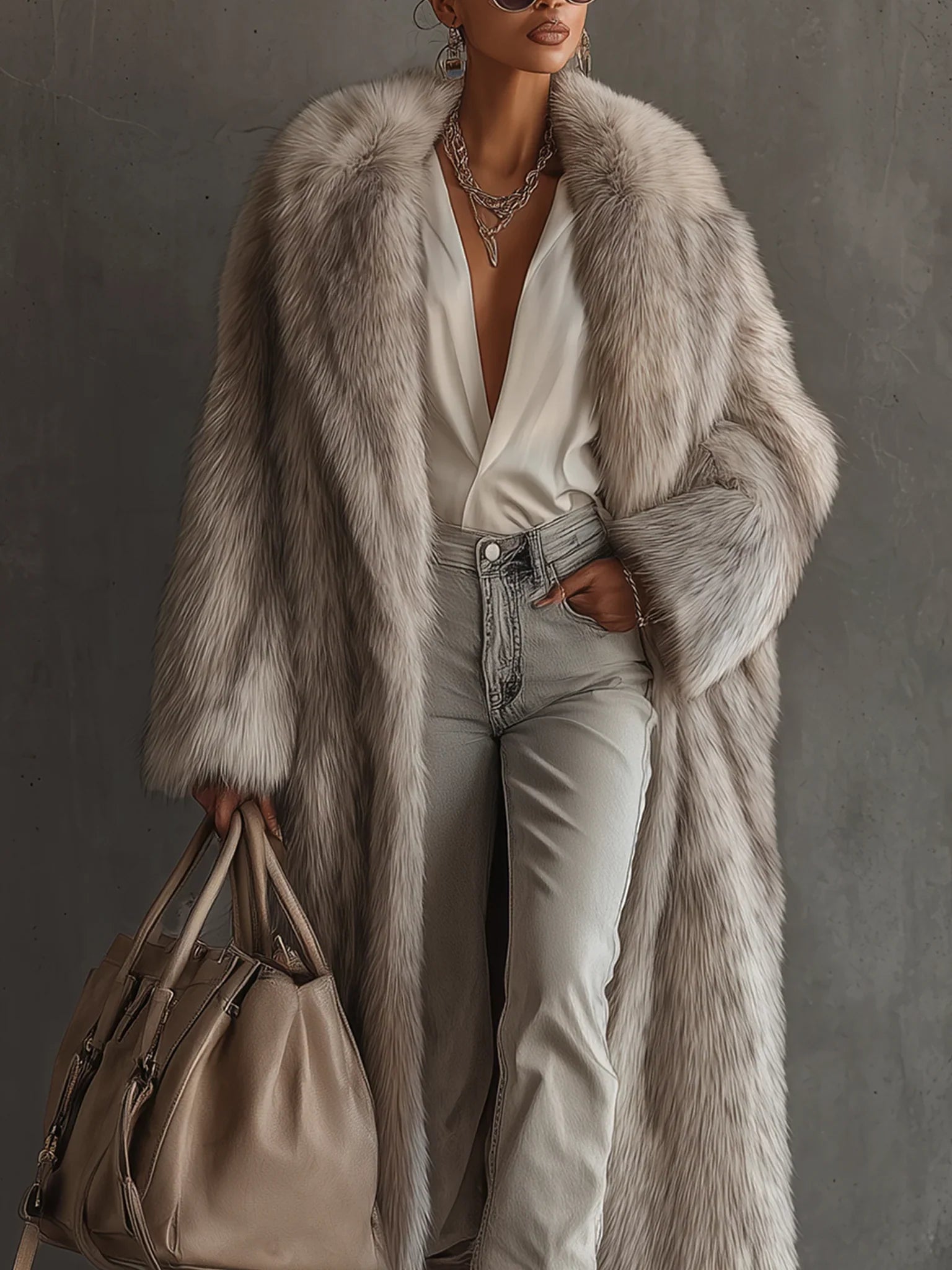 Flowering Girl Women Gray Gradient Faux Fox Fur Eco Friendly Coat