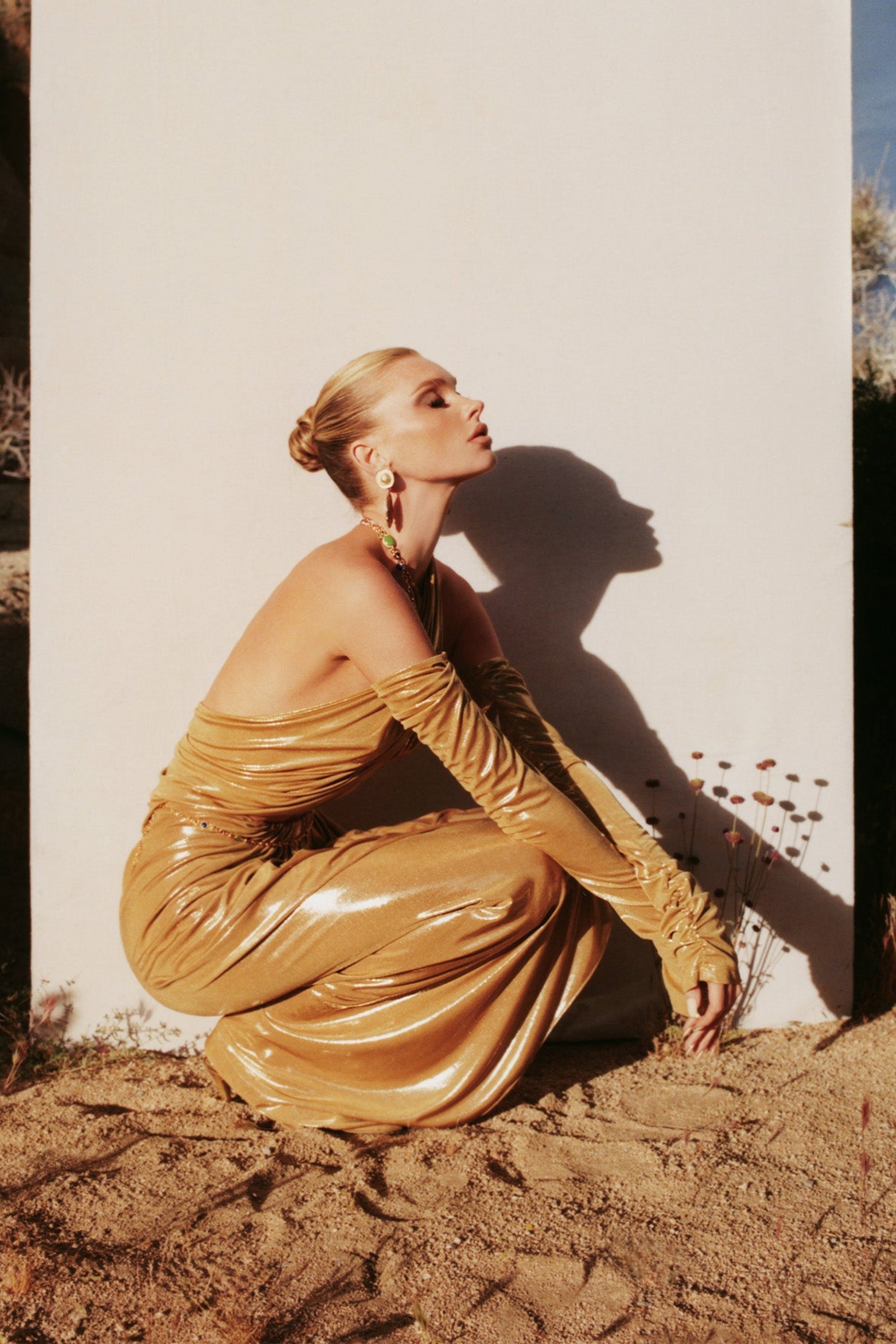 Flowering Girl Women Gold Ruched Leather Midi Dress