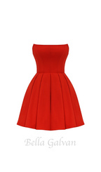 Flowering Girl Women tomato red strapless pleated mini dress