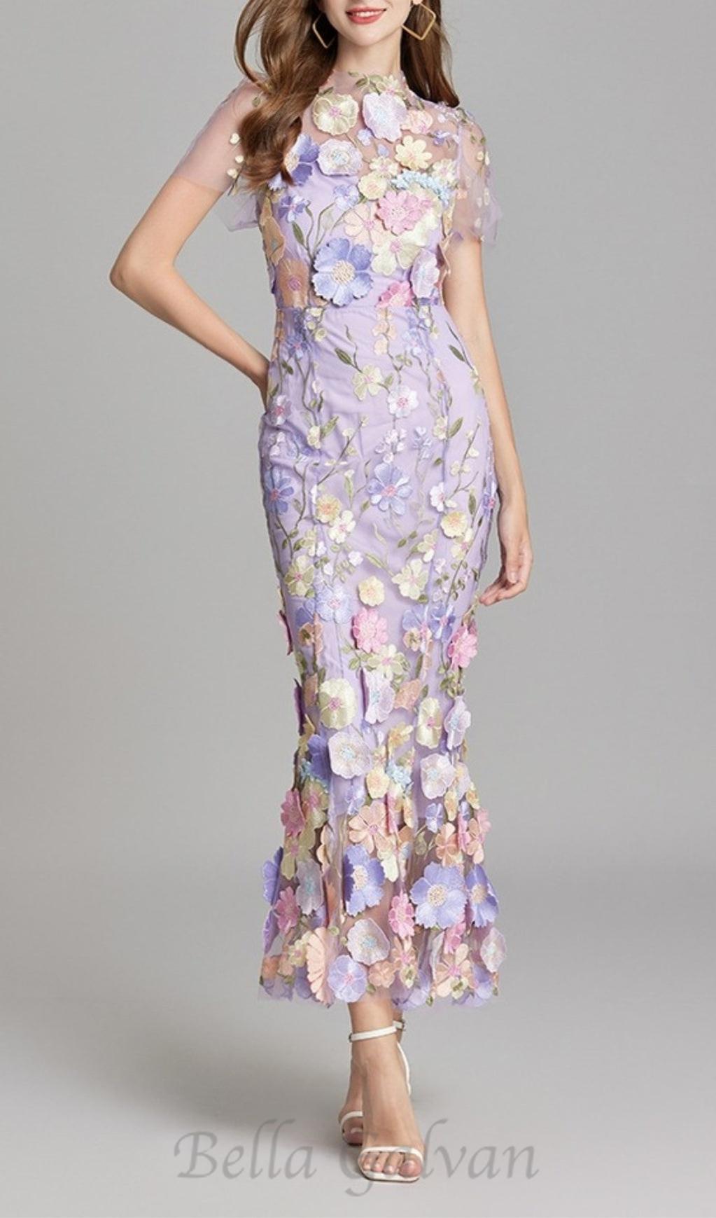Flowering Girl Women FLORAL EMBROIDERY MESH FISHTAIL MIDI DRESS IN PURPLE
