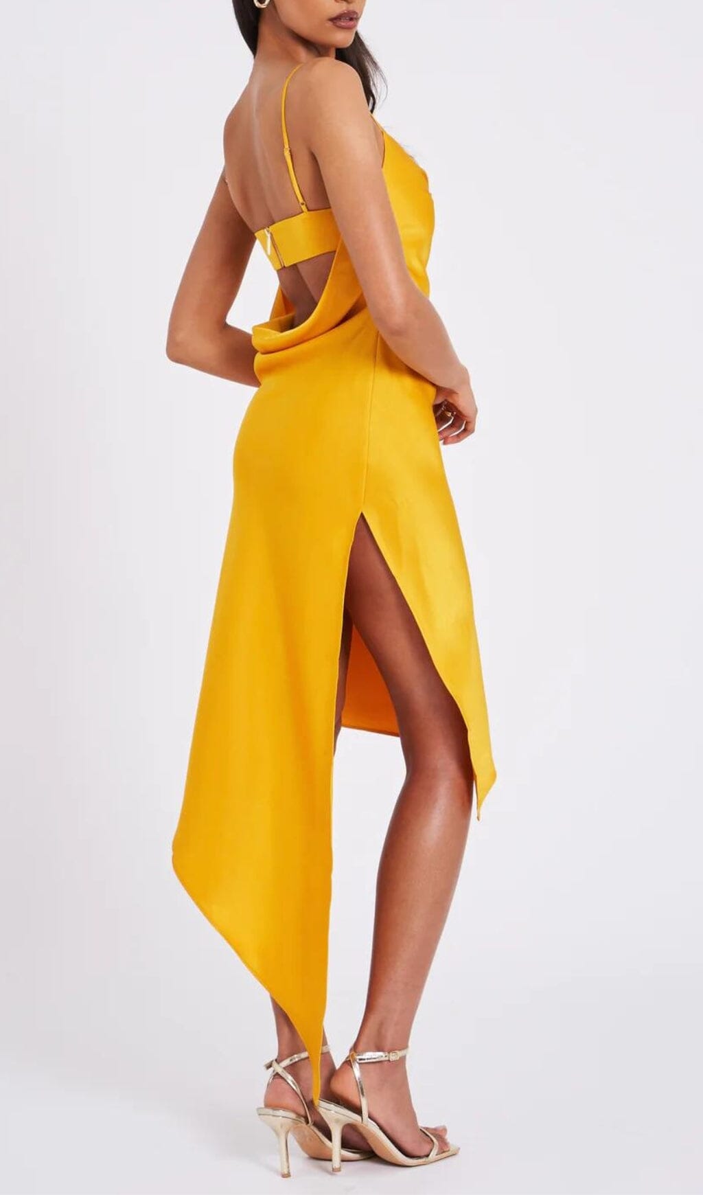 Flowering Girl Women Orange Satin Draping Midi Dress