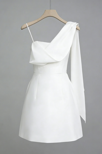 White Asymmetrical One-Shoulder Mini Dress with Sash Tie