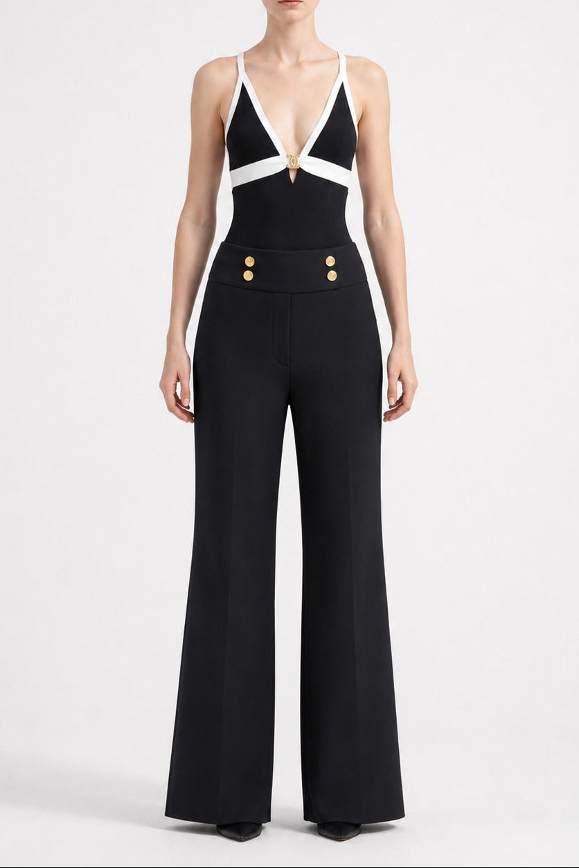 Flowering Girl Women Black & White Halter Top With High-Waisted Wide-Leg Pants