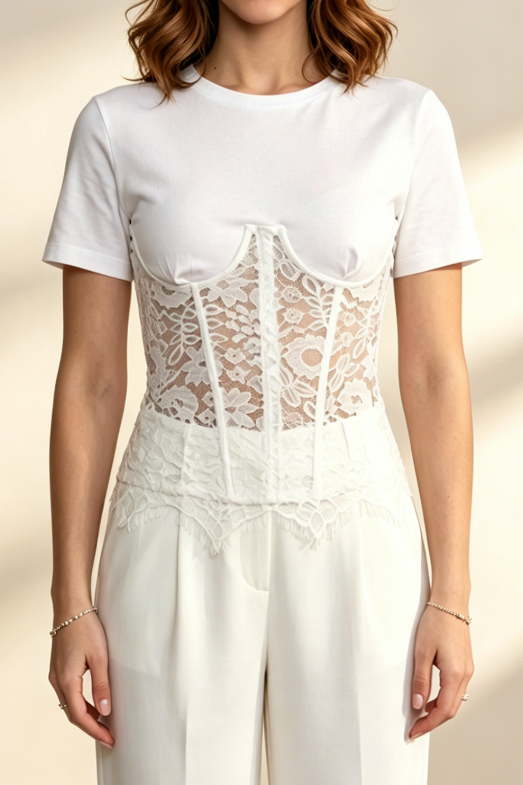 Flowering Girl Women White Spliced Floral Lace Corset Short Sleeve T-shirt