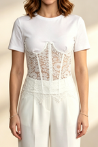 Flowering Girl Women White Spliced Floral Lace Corset Short Sleeve T-shirt