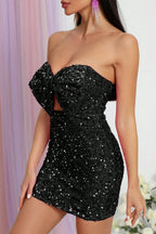 Flowering Girl Women Cut Out Front Bodycon Sequin Tube Mini Dress With Bow