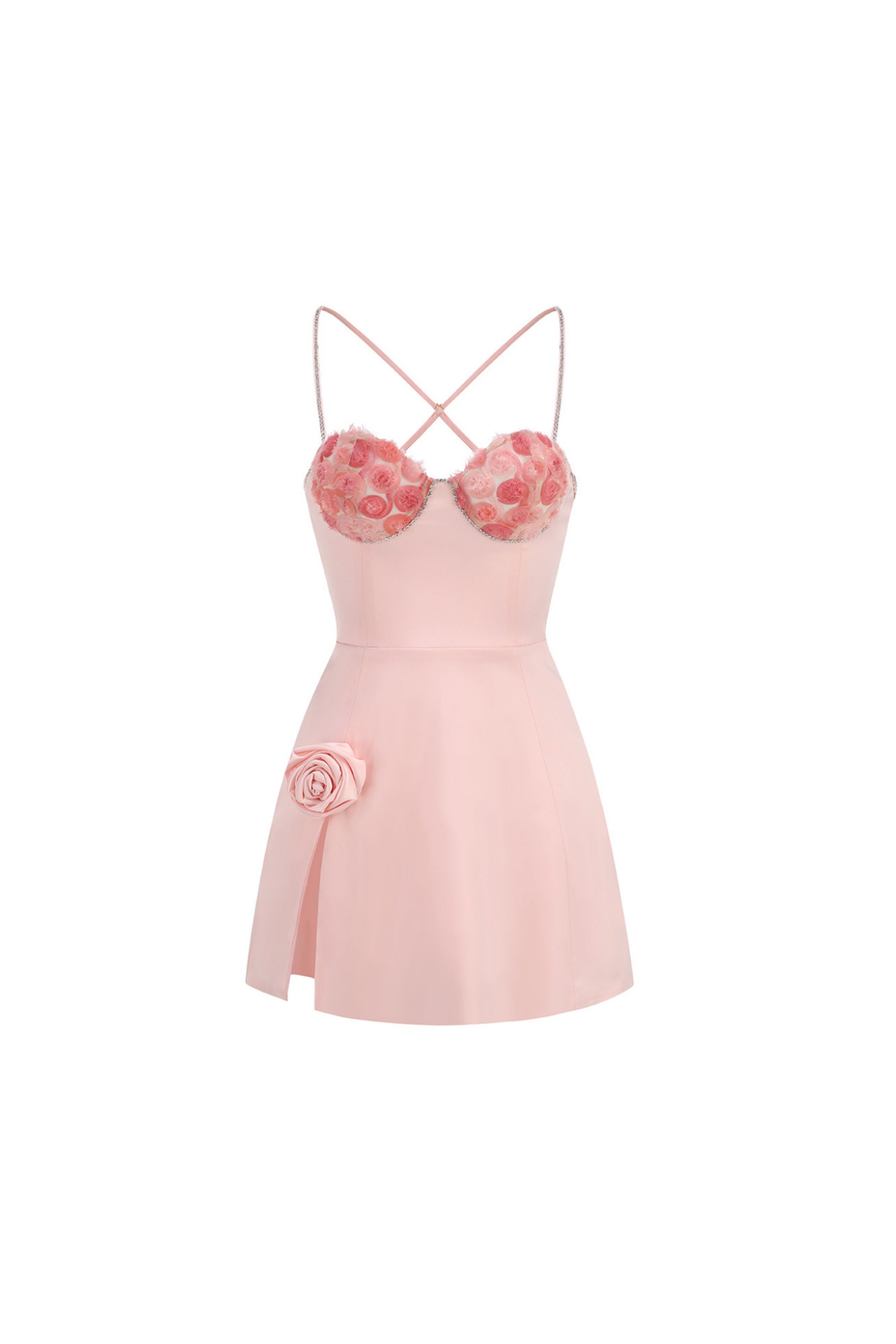 Flowering Girl Women Crystal Embellished Trims Mini Dress In Pink