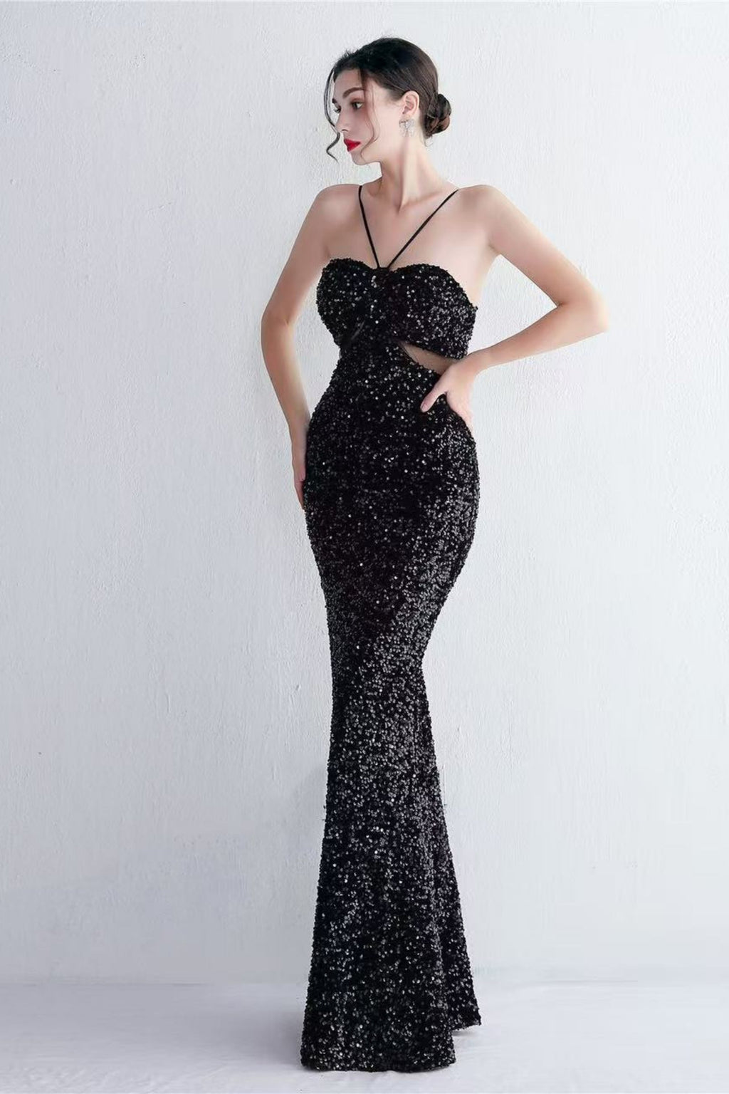 Flowering Girl Women Marian Black Cutout Sequins Halter Maxi Dress