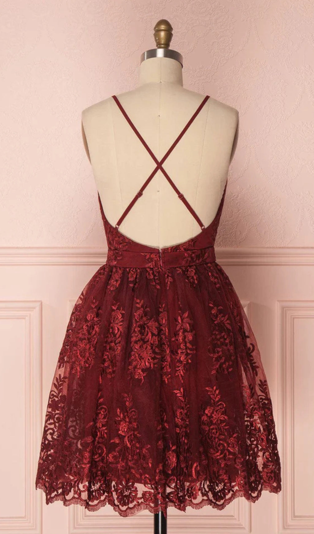 Flowering Girl Women V Neck Tulle Lace Short Burgundy Prom Dresses