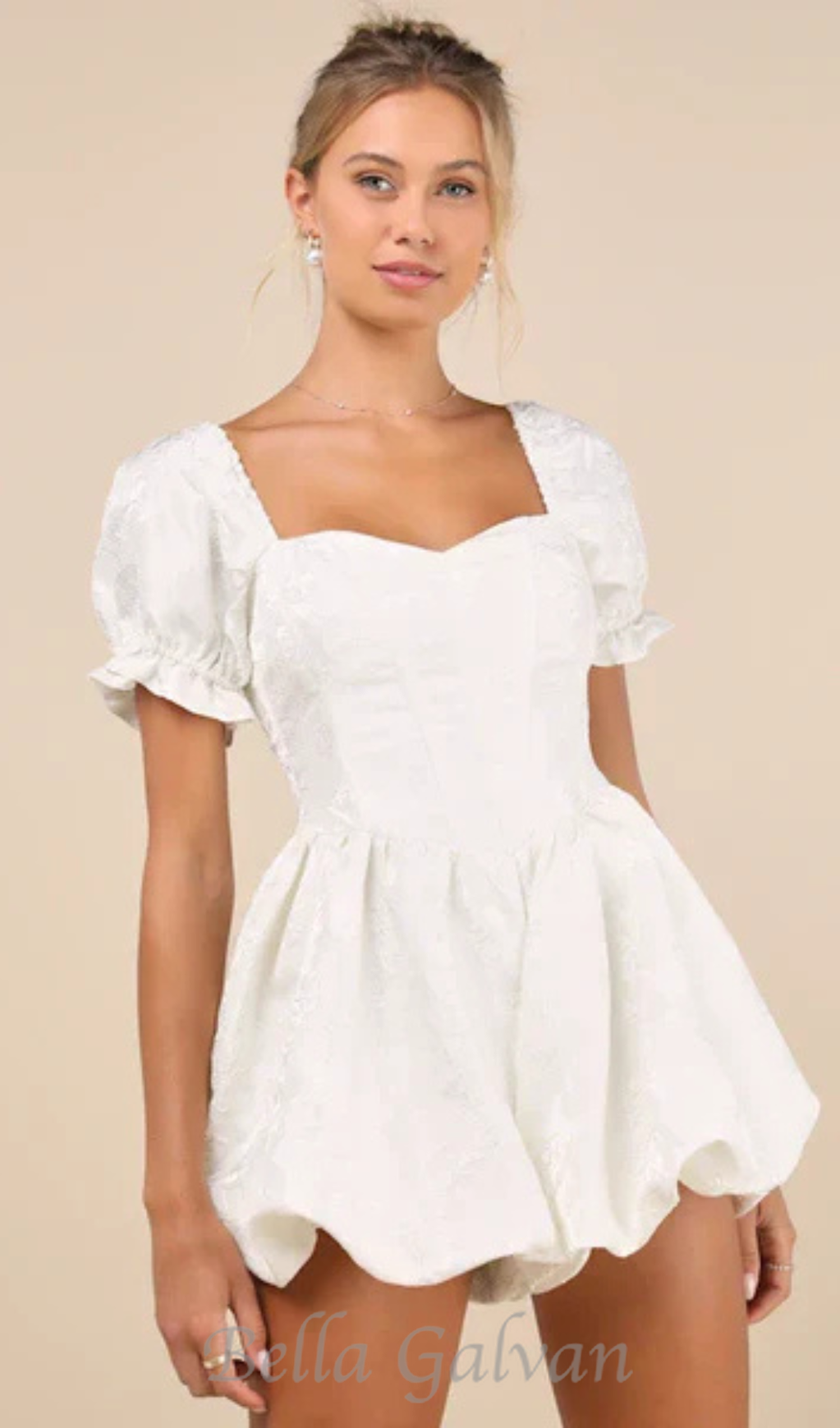 Flowering Girl Women Princess Aesthetic Ivory Floral Jacquard Bubble-Hem Romper