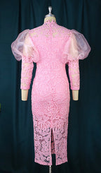 Flowering Girl Women Pink Puff Sleeve Lace Midi Dress
