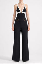 Black & White Halter Top with High-Waisted Wide-Leg Pants