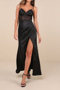 Flowering Girl Women Aura Black Satin Lace Tie-Strap Bustier Maxi Dress