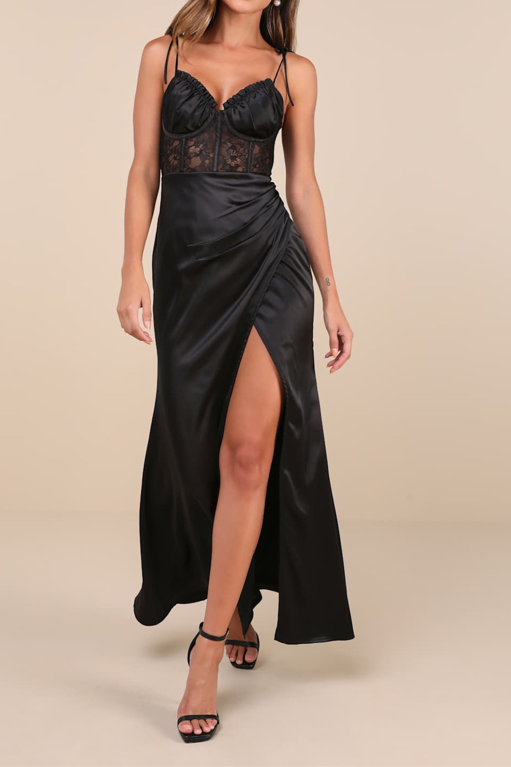 Flowering Girl Women Aura Black Satin Lace Tie-Strap Bustier Maxi Dress