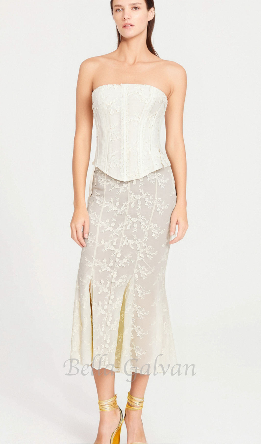 Flowering Girl Women vintage ivory embroidered strapless corset skirt suit