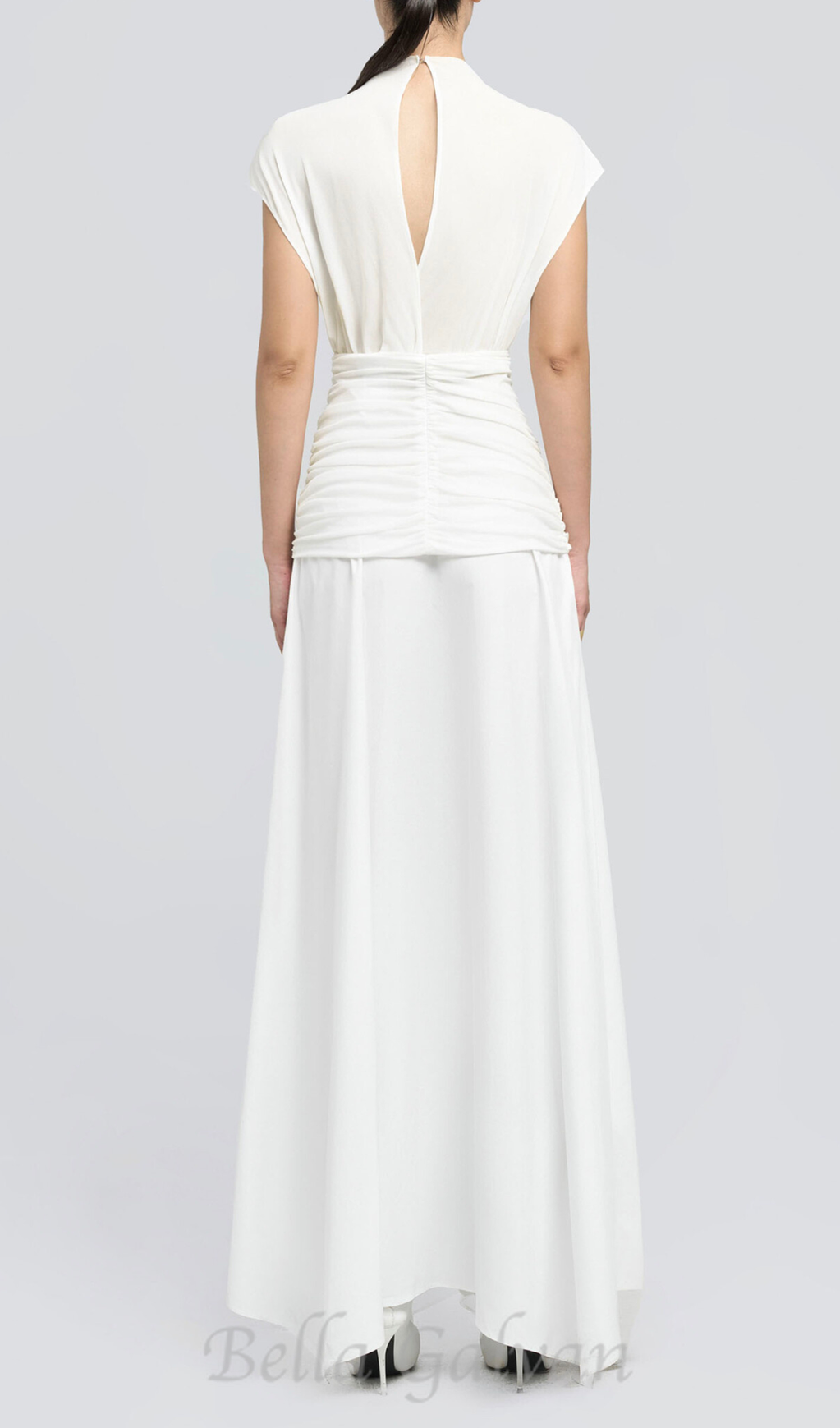 Flowering Girl Women white Waist cross pleats midi dress with asymmetric hemline