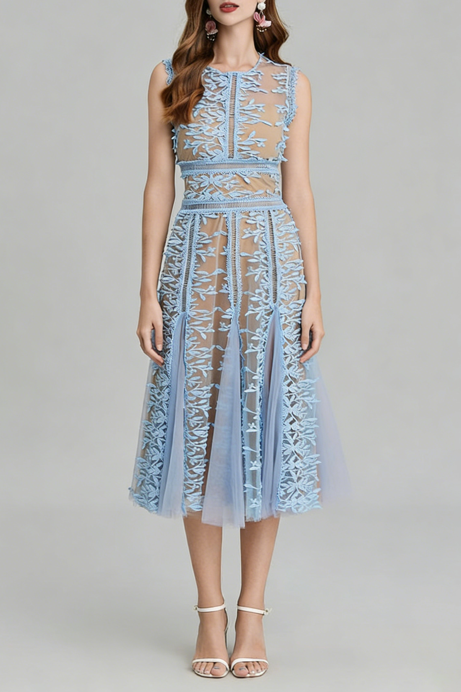 Phoenix 3d Embroidered Lace Mesh Midi Dress In Blue