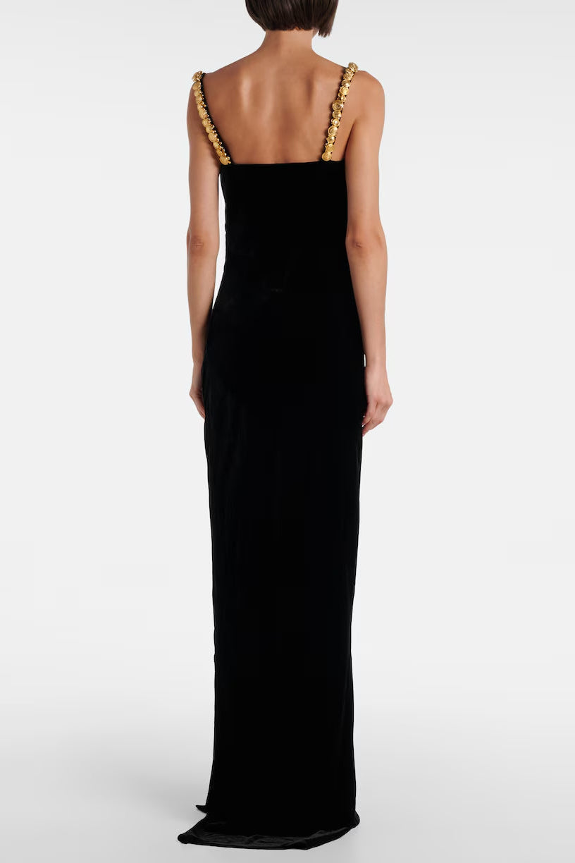 Flowering Girl Women Mag Black Metal Chain Strap Square Neck Velvet Maxi Dress