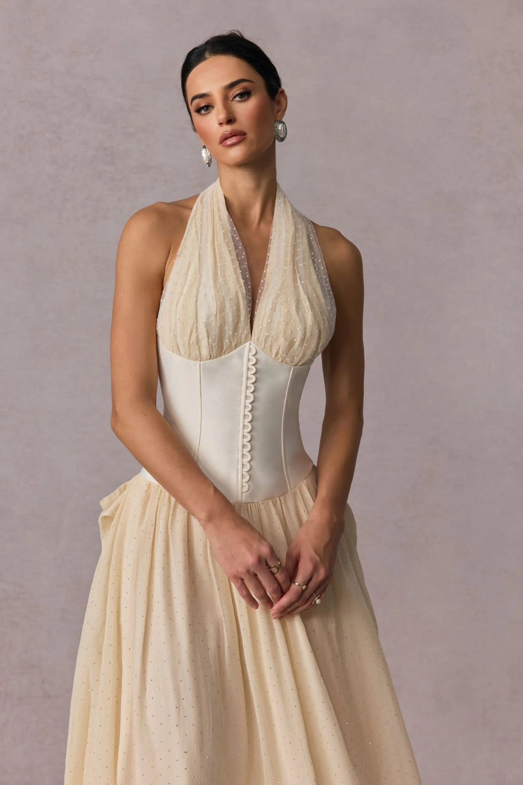 Flowering Girl Women tiffany halterneck tulle overlay maxi dress in apricot