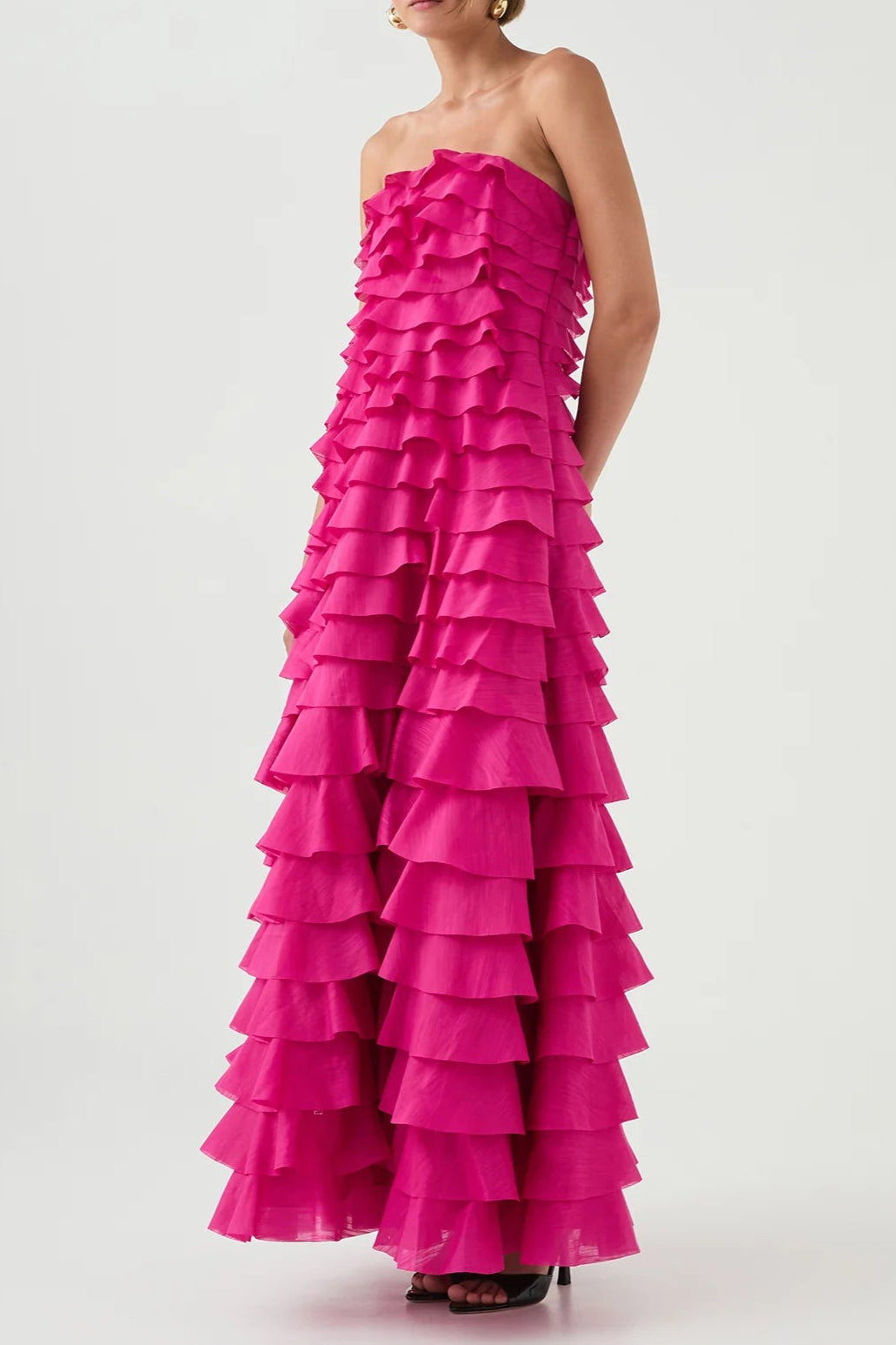 Cathy Pleated Layer Strapless Maxi Dress In Rose Red