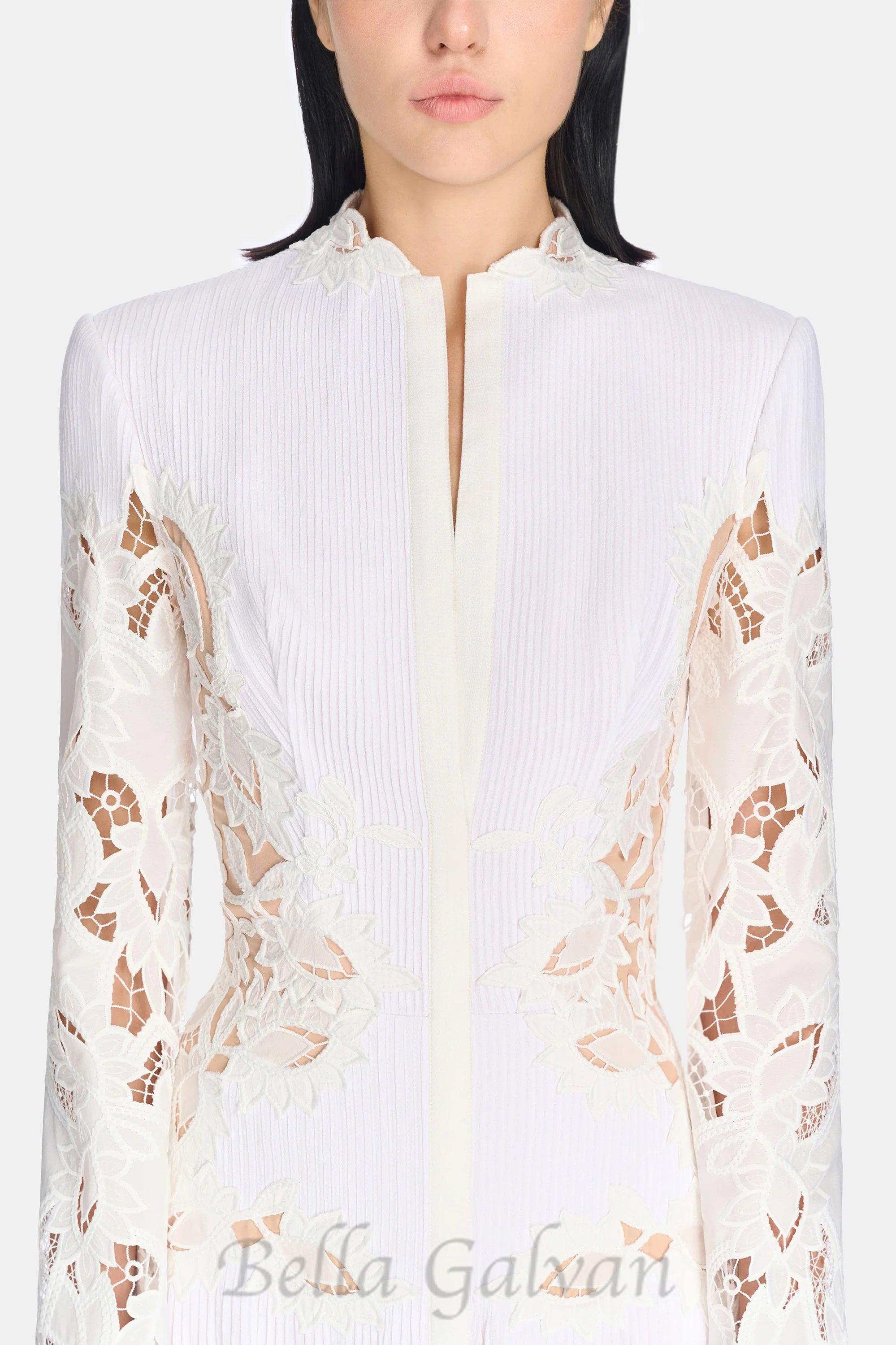lace embroidered hollow maxi dress in white