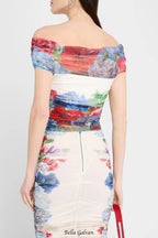 shirley white Off-Shoulder floral print Ruched Top skirt set
