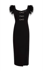 Flowering Girl Women Feather Trim Bandage Midi Dress
