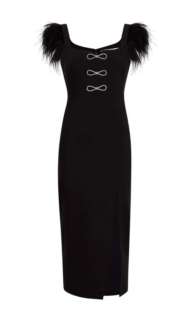 Flowering Girl Women Feather Trim Bandage Midi Dress