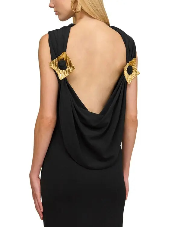 Flowering Girl Women Black Sleeveless Backless Knit Midi Dress With Two Pleated Golden Embellishments
