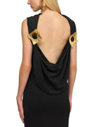 Flowering Girl Women Black Sleeveless Backless Knit Midi Dress With Two Pleated Golden Embellishments
