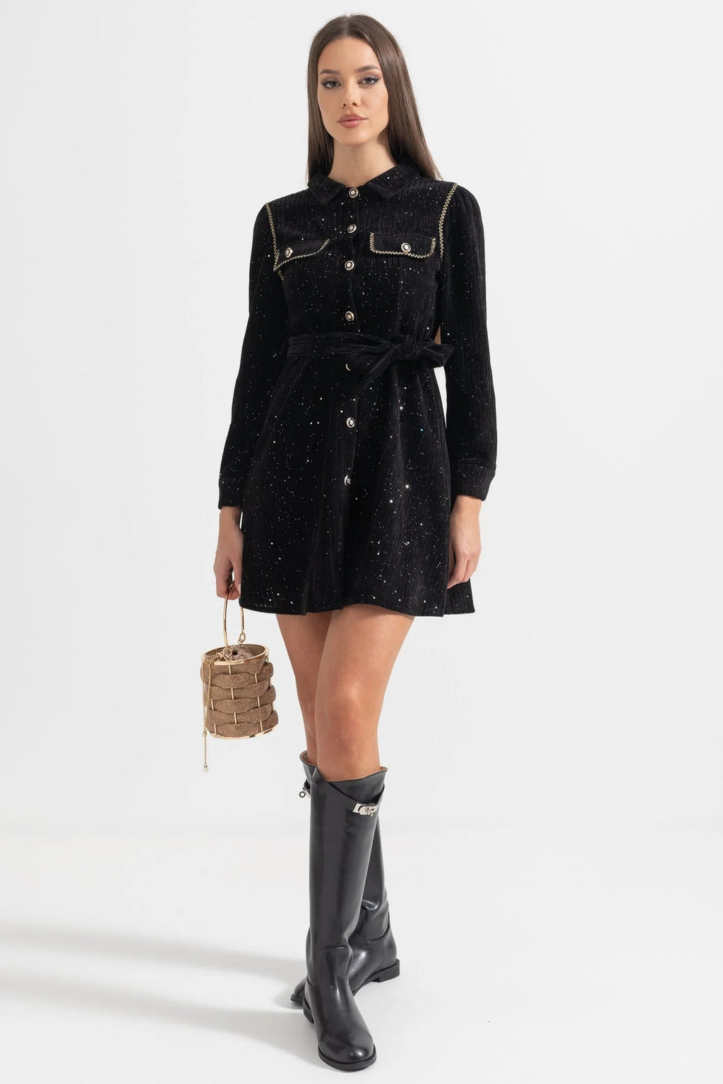 Venus Black Contrasting Stitching Detail Ribbed Dress
