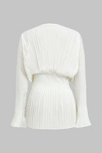 Flowering Girl Women Pleated Bell Sleeve V-Neck Mini Dress in white