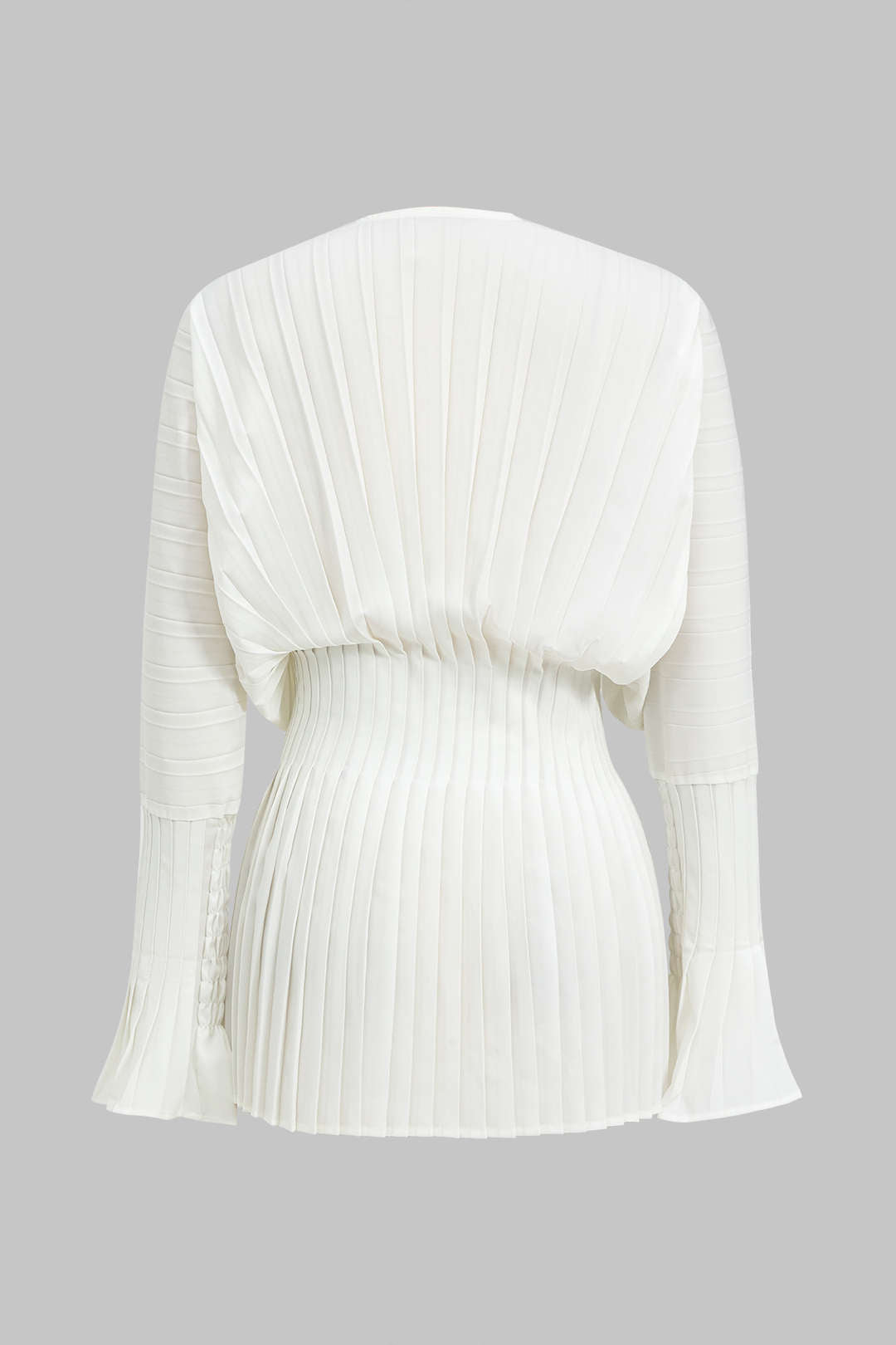Flowering Girl Women Pleated Bell Sleeve V-Neck Mini Dress in white