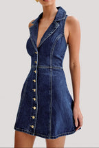 Flowering Girl Women Eartha Collared Denim Mini Dress - Dark Blue