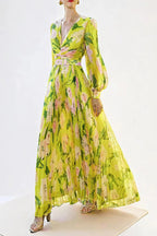 Flowering Girl Women V-Neck Silk Printed Pleated Maxi Dress In Yellow