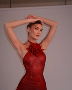 Flowering Girl Women ursula 3d flower sequin halter maxi dress in red