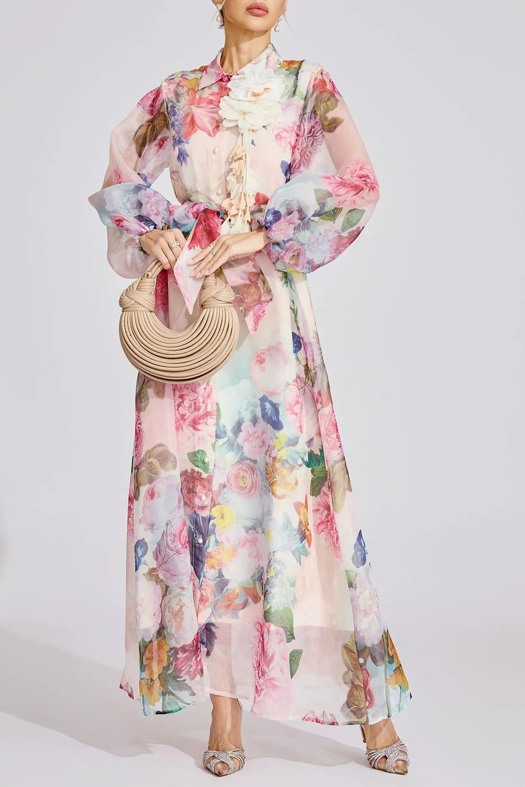 Vivien Pink Floral Printed Lantern Sleeve Maxi Dress