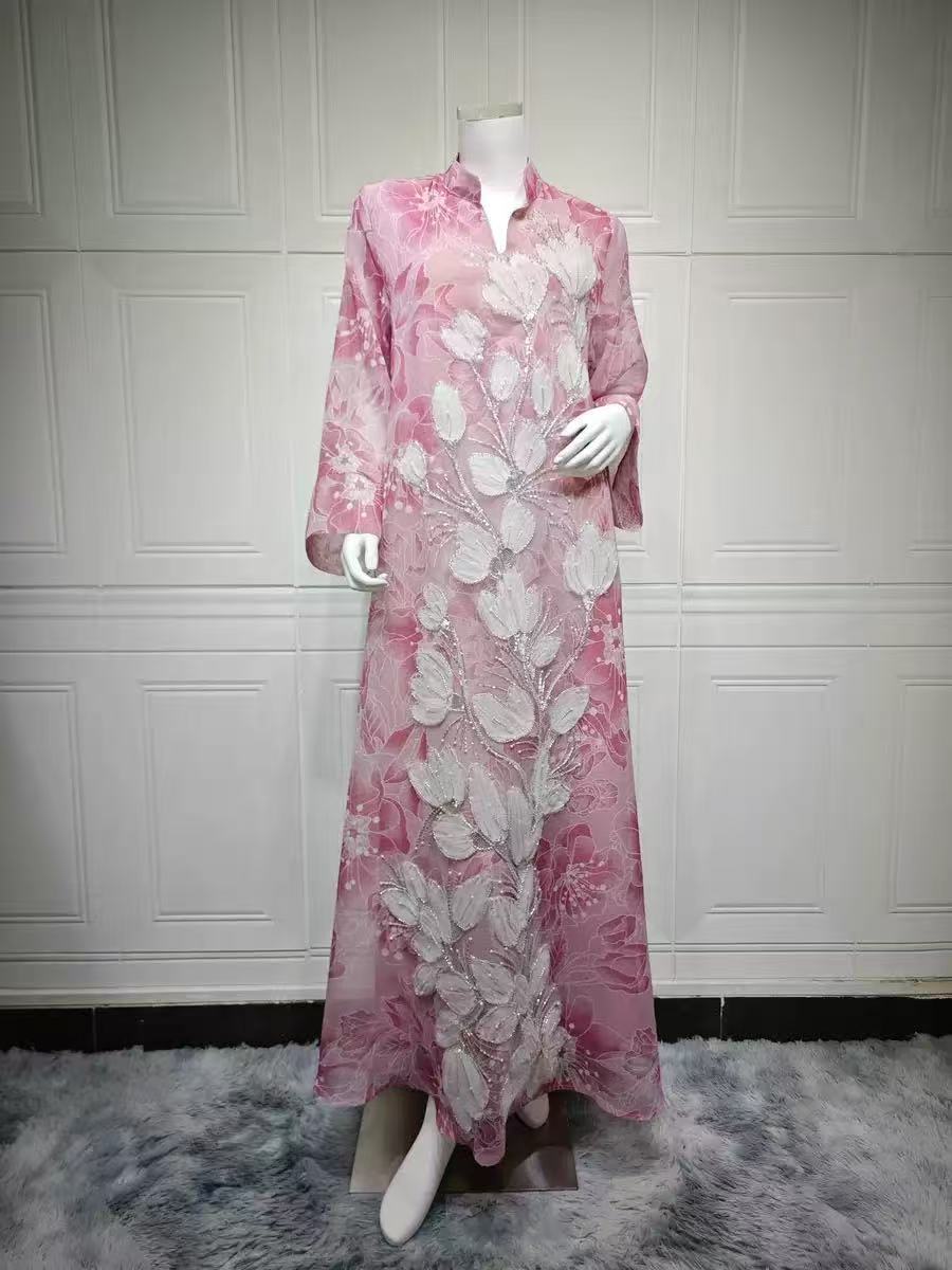 Floral Embroidered Abaya-Style Maxi Dress
