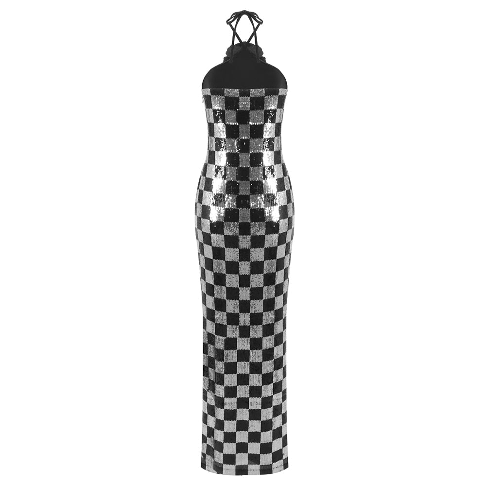 Flowering Girl Women checkerboard sequin halter gown with flower