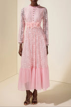 virginia Lace 3D Flower Rhinestone Rivets Midi Dress - pink